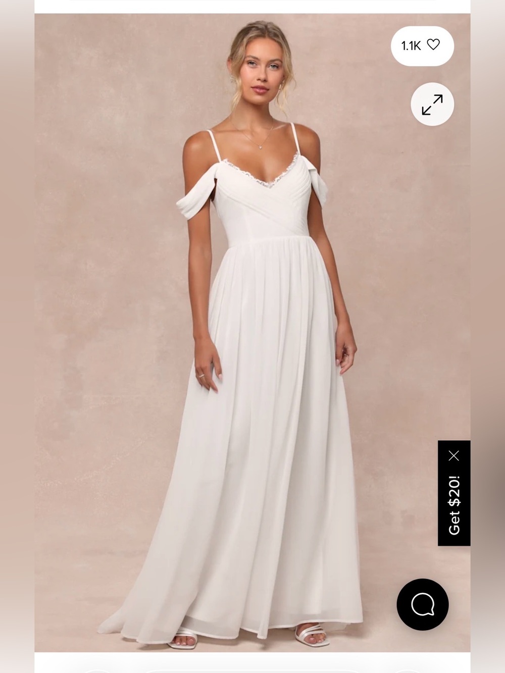 Marcelyn White Pleated Cold-Shoulder Maxi Dress